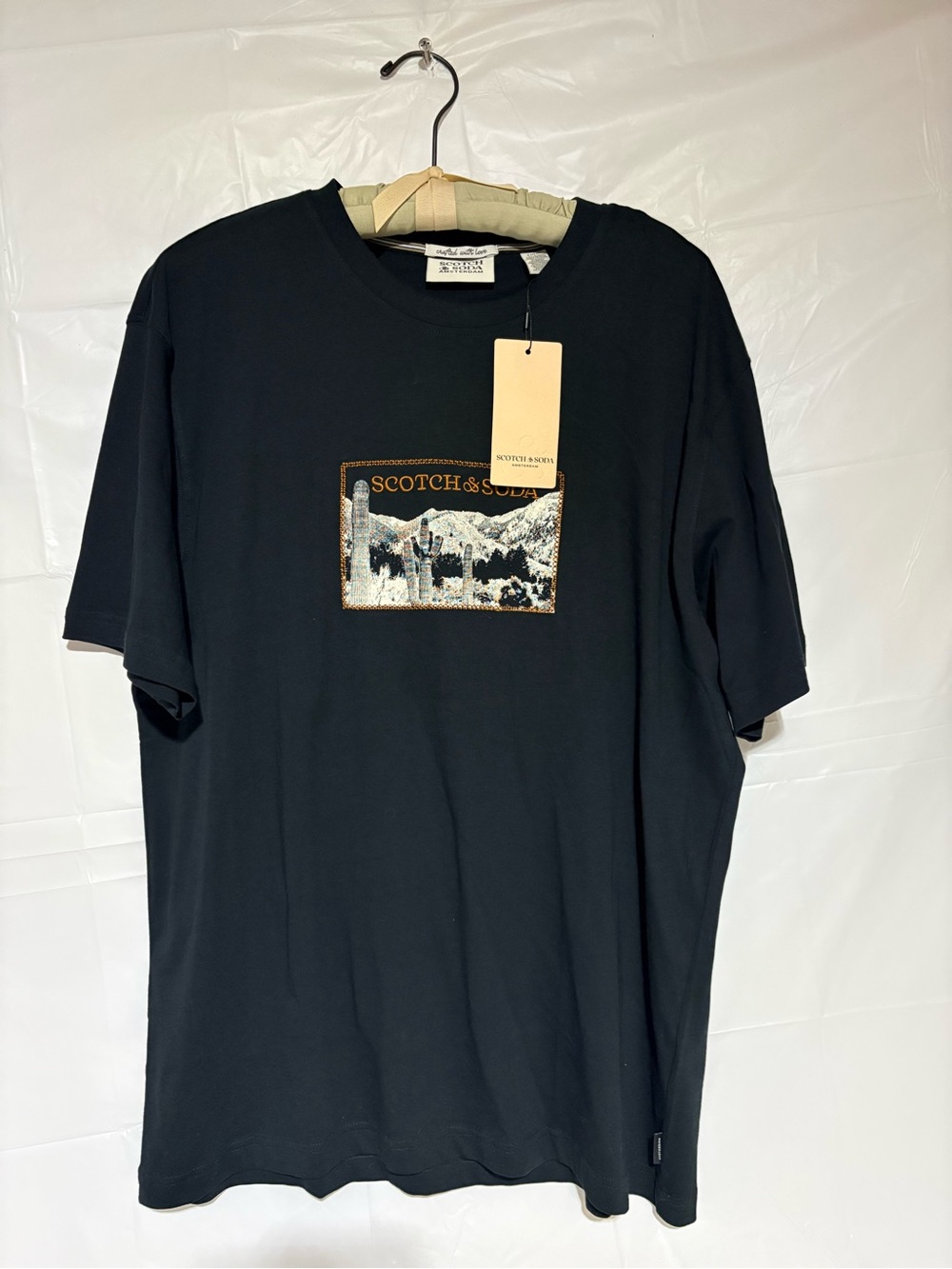 Scotch & Soda Black Graphic Crewneck Tee with Gold Accents